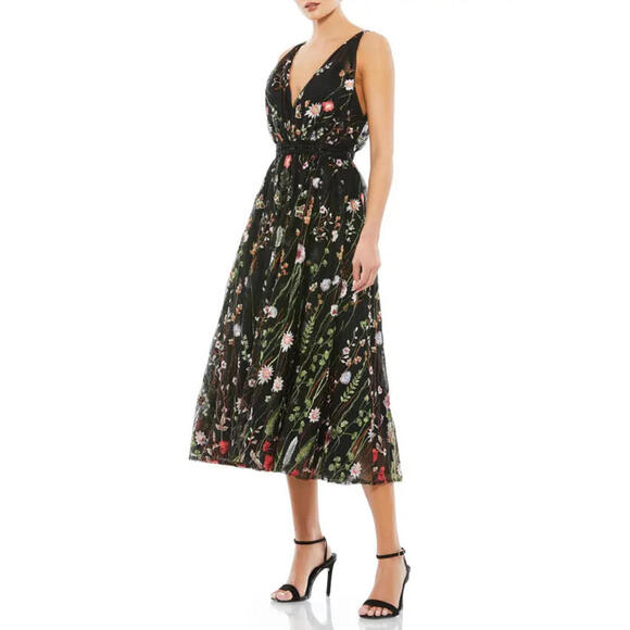 NEW, IEENA Mac Duggal Floral Embroidered Mesh Midi Cocktail Dress Size 6 #D5642 - Picture 1 of 7